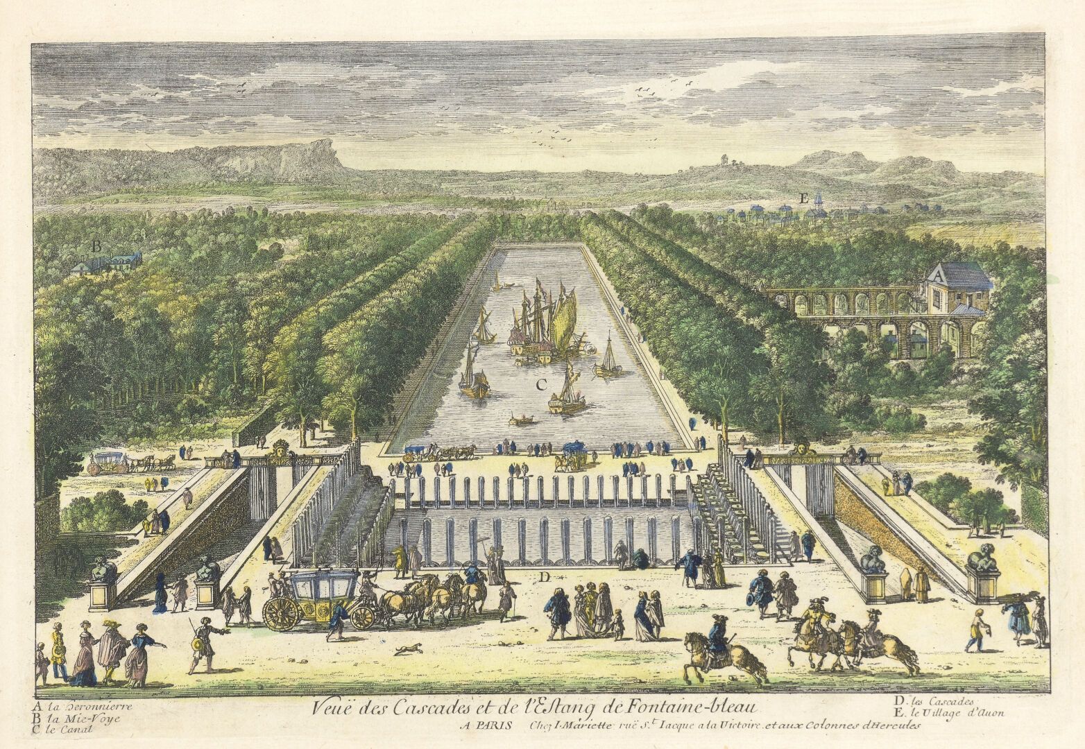Null 在MARIETTE之后，18世纪

枫丹白露的瀑布和池塘景观

枫丹白露的喷泉院子景观

一对加高的版画。

19 x 27 cm