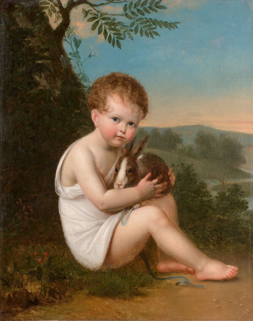 Null 19世纪初法国学校，康斯坦丝-玛丽-夏尔彭蒂埃的随行人员

一个孩子和他的兔子在风景中的画像

原有的帆布和框架。

旧的修复，事故。

92 x 7&hellip;