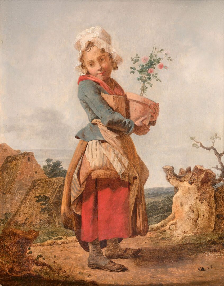 Null 马丁-德鲁林（Oberbergheim 1752 - Paris 1817）。

年轻的女孩拿着盆中的玫瑰花丛

胡桃木面板。

右下方有签名和日期D&hellip;