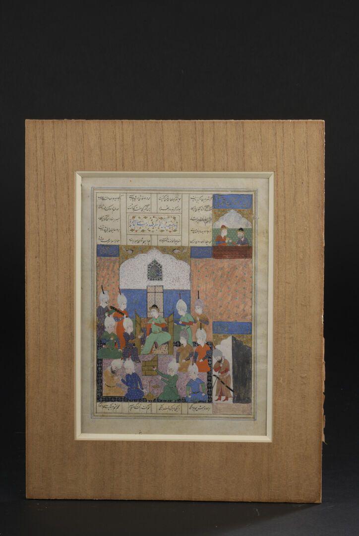Null 菲尔杜西的《沙赫纳赫》中的一页，马努切尔的加冕仪式

纸上多色和金色颜料。

伊朗，16世纪。

第31.5页 x 20厘米

迷你版20 x 14厘&hellip;