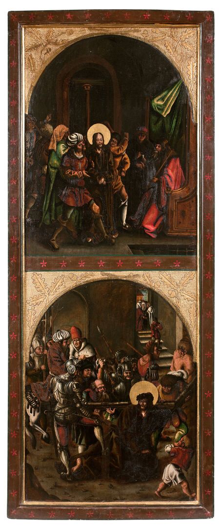 ÉCOLE ALLEMANDE VERS 1500 约1500年的德国学校

基督的被捕

基督在该亚法面前

蔑视基督

同心同德

两幅画中的四个场景（松树&hellip;