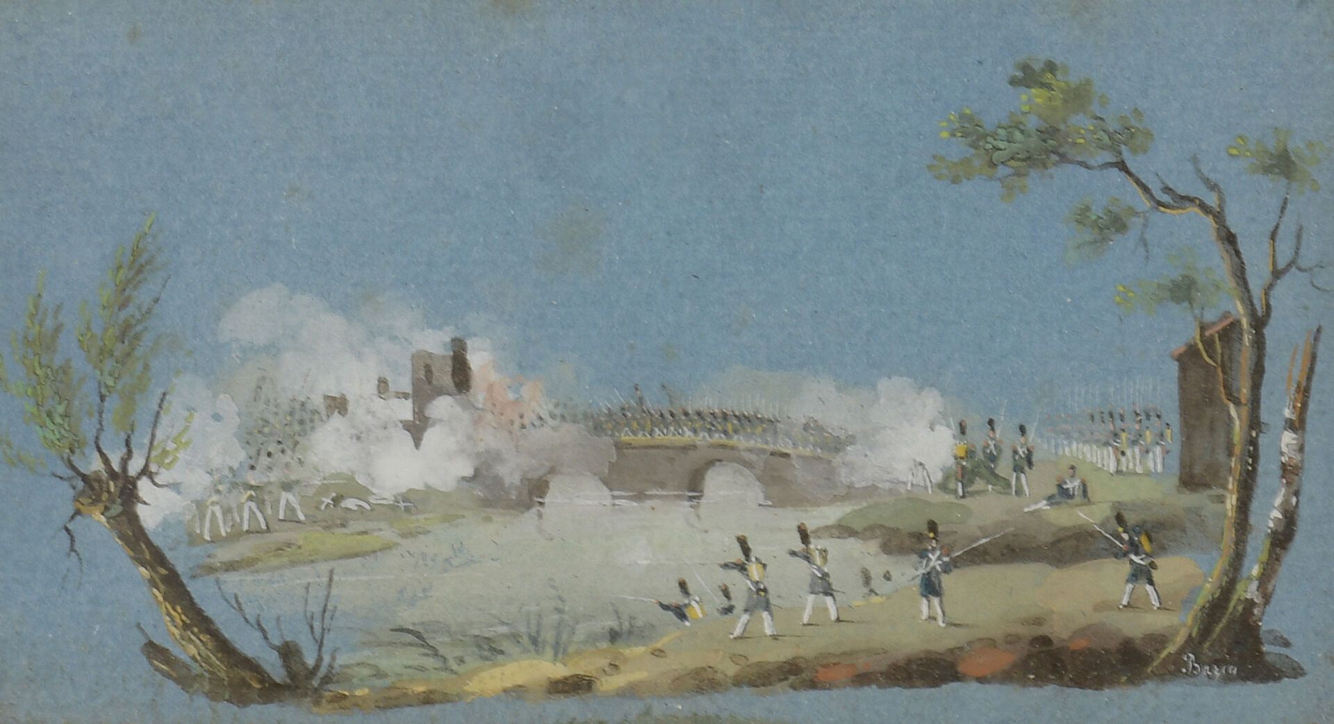 Eugène BAZIN (1799-1866). 欧仁-巴赞（1799-1866）。

桥上的战斗。

微型水粉画，右下方有签名。

4,5 x 8厘米。