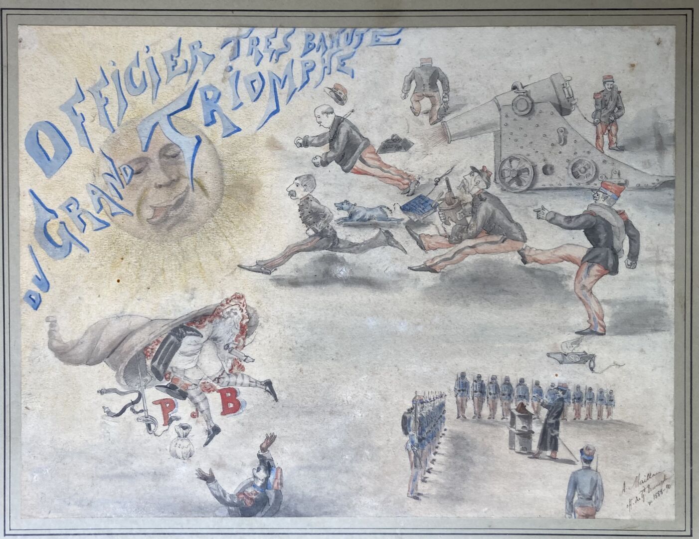 ECOLE FRANCAISE vers 1900. 约1900年的法国学校

骑士的胜利

讽刺性的水彩画，右下方有签名和日期。

28 x 36 厘米