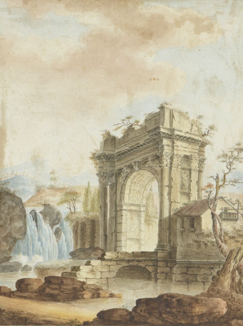 École FRANÇAISE du XVIIIe siècle 18世纪的法国学校。

瀑布景观中的凯旋门。

水彩、钢笔和黑墨水。

(斑纹和斑点）。

3&hellip;