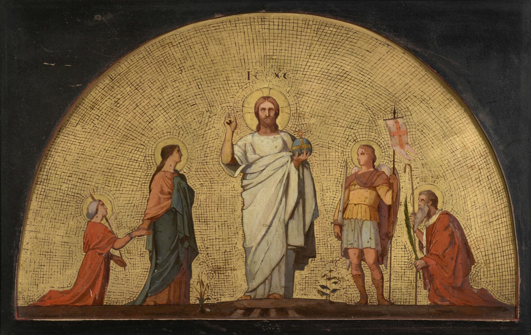 Atelier d'Hyppolite FLANDRIN 海波利特-弗兰特林工作室

被四位圣人环绕的基督陛下

板上油彩。

26 x 40,5 cm



&hellip;