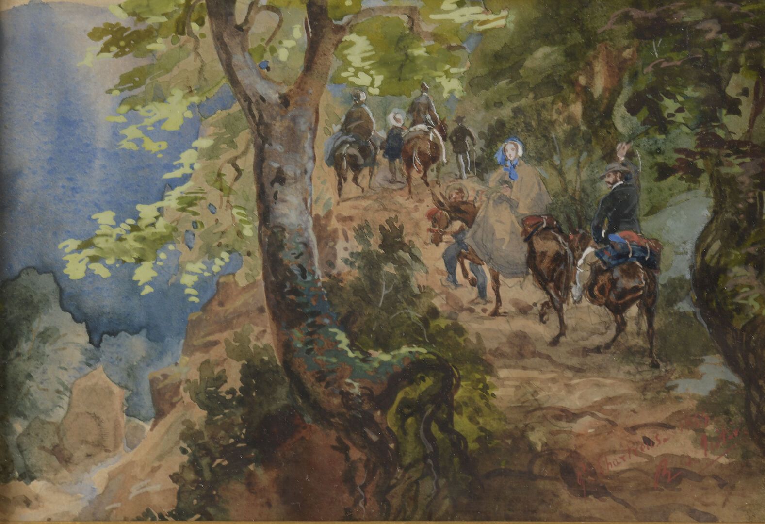 École Française du XIXe siècle 19世纪的法国学校

骑着驴子上山

水彩画，右下方有签名和日期1855年。

12 x 17 c&hellip;