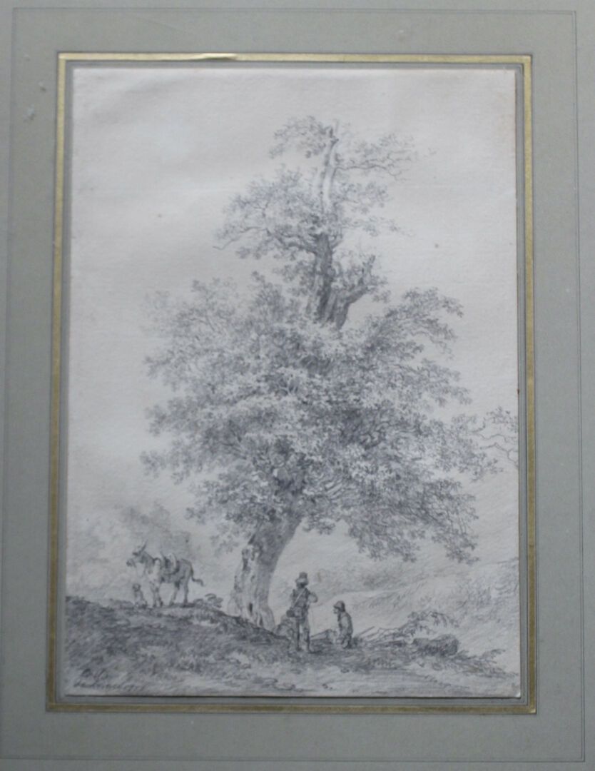 Null 让-巴蒂斯特-勒-普林斯（梅斯1734-马恩河畔拉格尼1781）。
一对：士兵在一棵橡树下驻足
黑色铅笔。
34.5 x 23.5厘米；34 x 24&hellip;