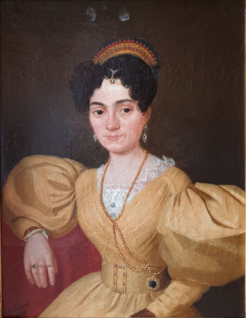 Null 法国学校 1834年，A. Delemere
妇女的肖像
一对画，签名和日期为1834年。
33 x 25厘米 
镶有棕榈花的镀金木框。