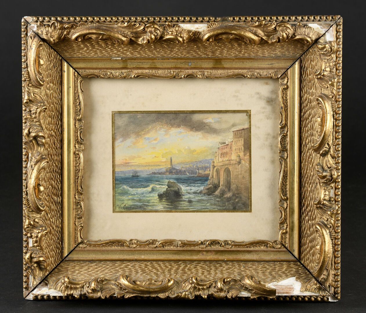 Null Vincent COURDOUAN (1810-1893)
Vue d'un port au coucher de soleil
Aquarelle &hellip;