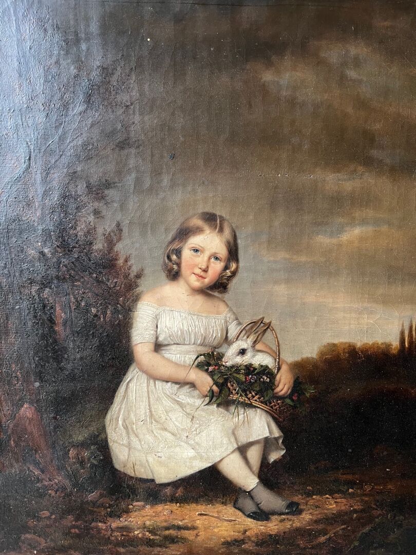 Null 约1840年的法国学校
携带花篮和兔子的年轻女孩的肖像
布面油画。
小事故。
比南特的邮票，rue de Cléry，n°7，巴黎。
40,2 x 3&hellip;