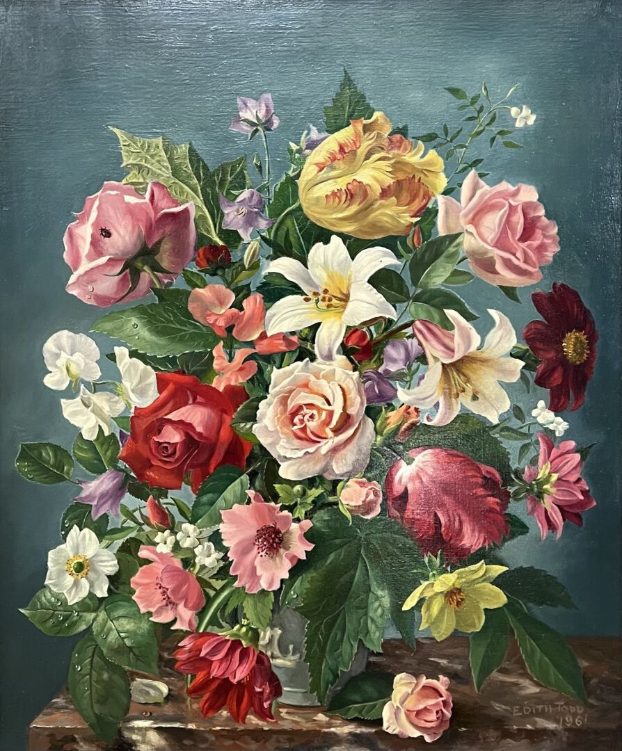 Null Edith R. TODD, XXe siècle
Vase de fleurs
Huile sur toile.
Signée et datée 1&hellip;