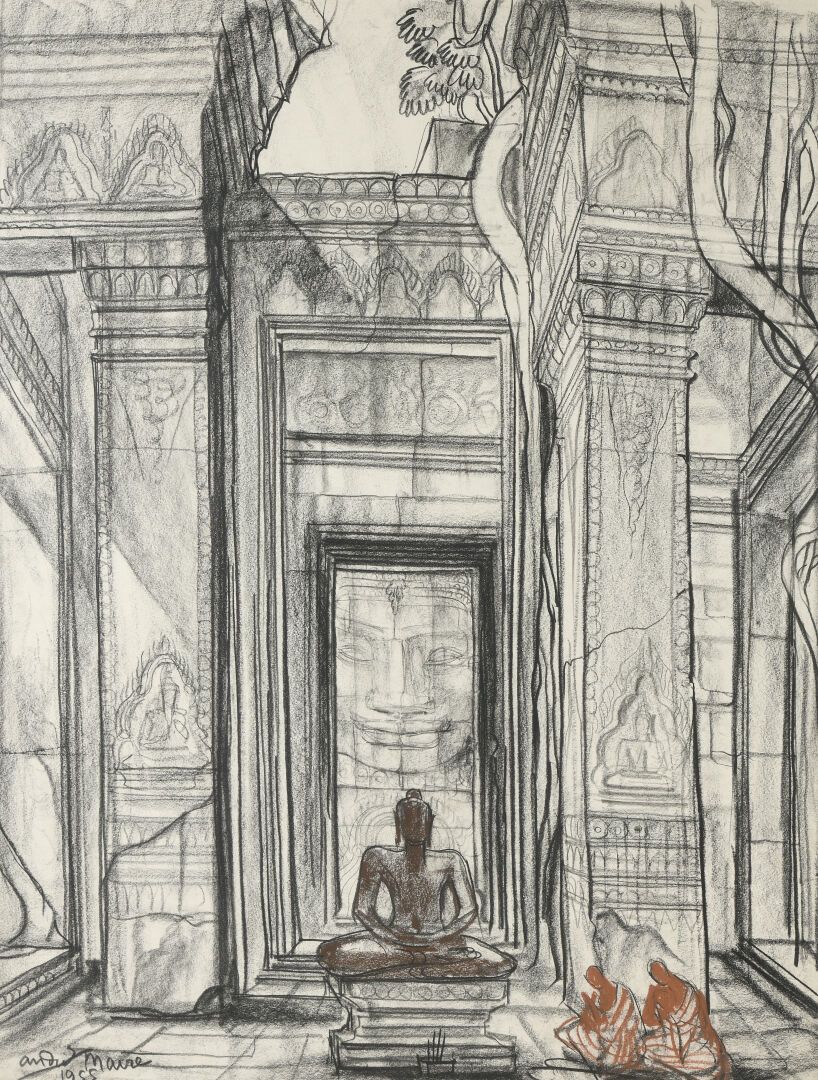 Null André MAIRE (1898-1984) 
Le Bayon à Angkor
Fusain et sanguine.
Signé et dat&hellip;