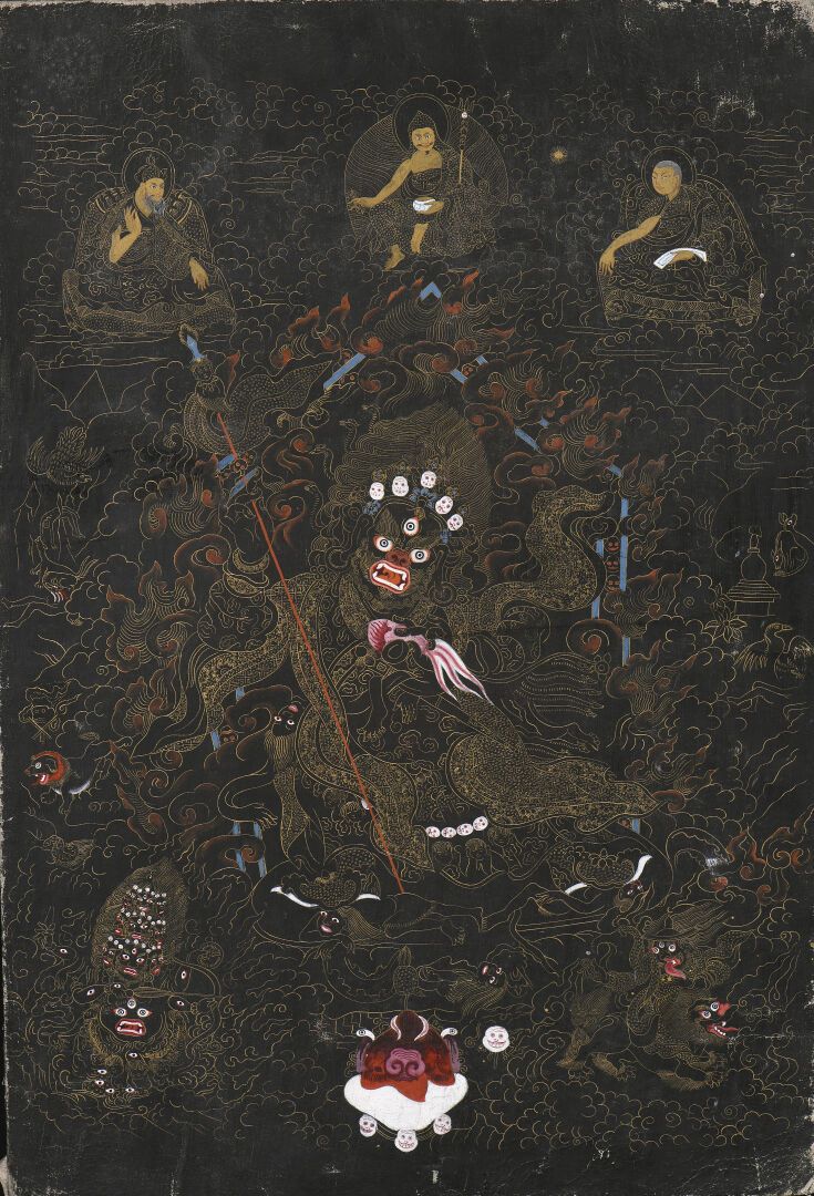 Null 黑色背景下的马哈卡拉唐卡
西藏，19世纪末
画面上的神灵是站着的，拿着一个khatvanga和一个kapala，周围有喇嘛和可怕的神灵；磨损，特别是在&hellip;