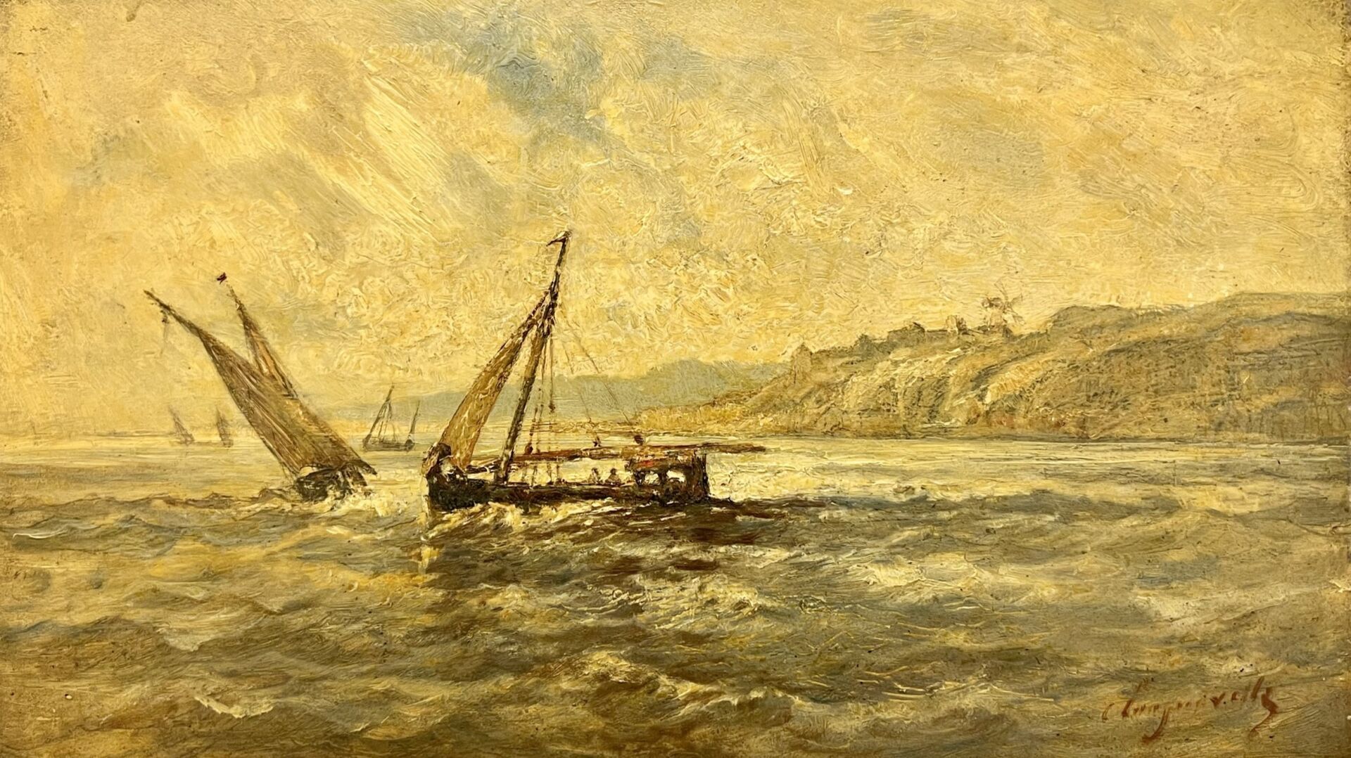 Null 法国学校 20世纪初 
海岸附近的船只景观
板上油彩 
右下方的签名无法辨认
27 x 46 厘米