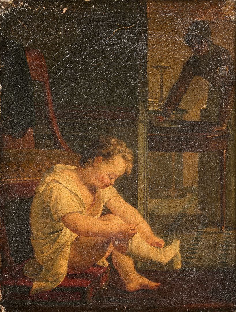 Null 归功于让娜-伊丽莎白-肖戴（1767-1832）。
年轻的孩子穿上她的袜子
原始帆布
房屋背面有贝洛特的印章。
Belot/rue de l'arbr&hellip;