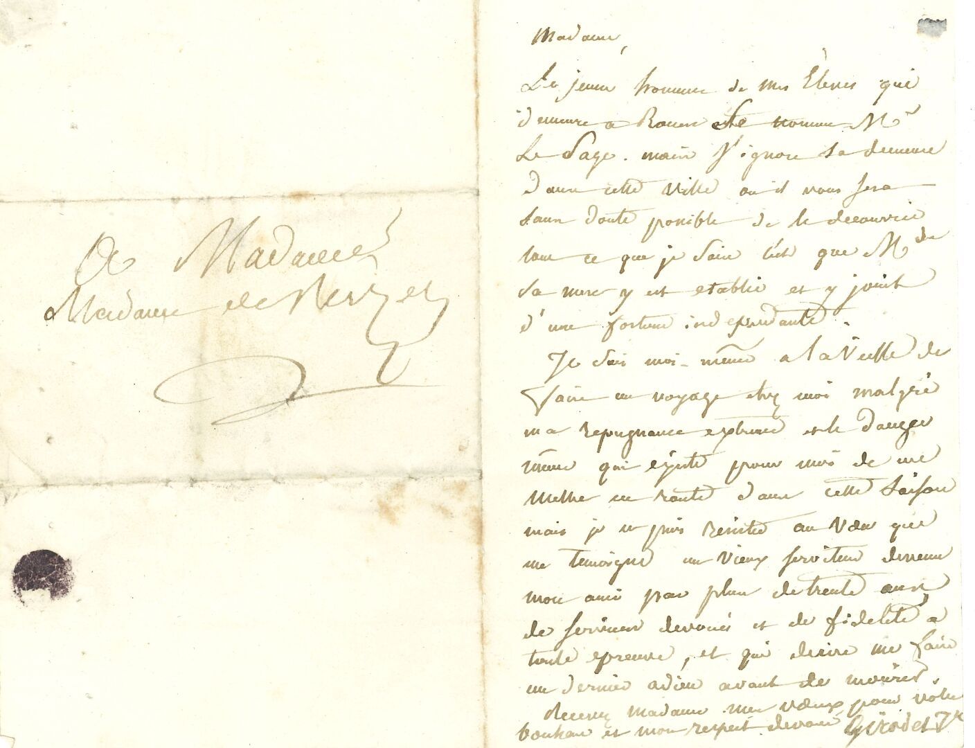 Null 安妮-路易-吉罗德-特里索松。L.A.S.，[1819年12月30日]，致Reiset夫人；1页小8开，地址。 
"我的学生中住在鲁昂的年轻人叫Le &hellip;