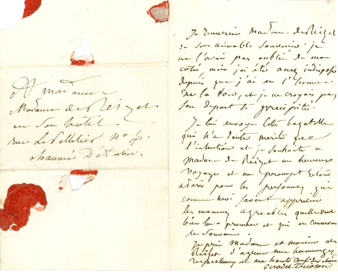 Null 安妮-路易-吉罗德-特里索松。L.A.S.，[1824?]，致德-雷塞夫人；1页
小8开本，地址为带手臂的红色蜡封（已损坏）。 
他感谢他的通讯员的良&hellip;