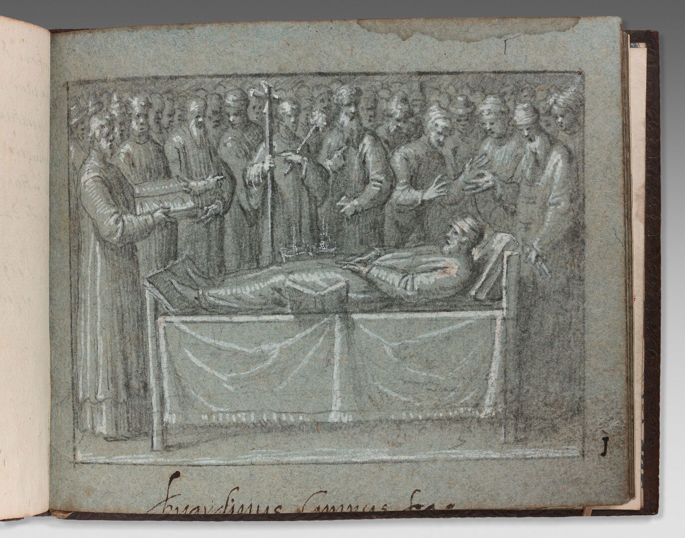 Null 伯纳迪诺-坎皮(1520-1591)
载有圣布鲁诺生活的十六个场景的画册
黑色铅笔，钢笔和灰色墨水，棕色和灰色水洗，白色水粉在蓝纸上突出。
第一片叶子&hellip;