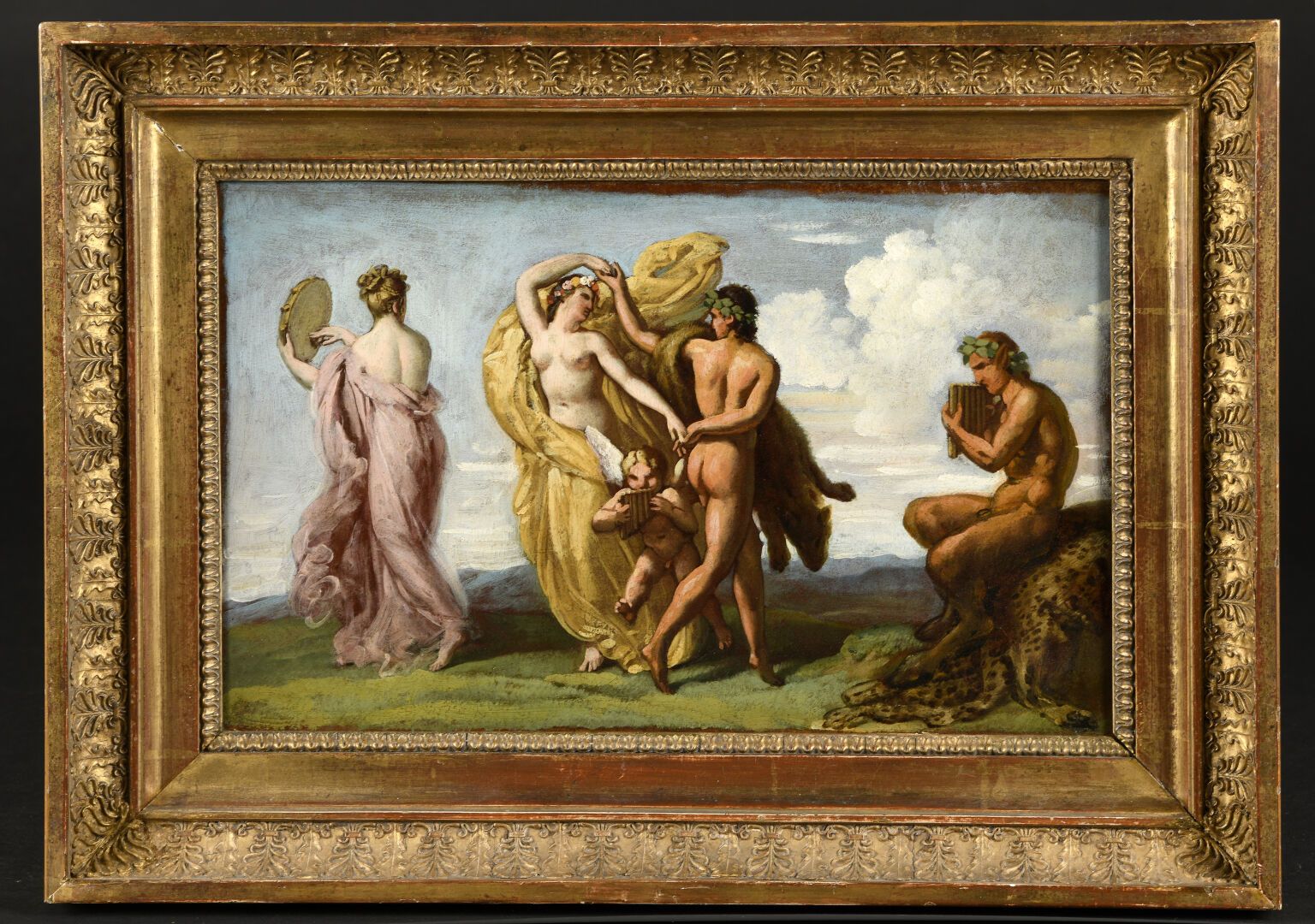 Null 约瑟夫-费迪南-兰克伦（Lods 1794-1874）。
仙女们与潘神的舞蹈
裱在画布上的纸。
23,2 x 38厘米
帝国时期的木质框架和镀金灰泥。&hellip;