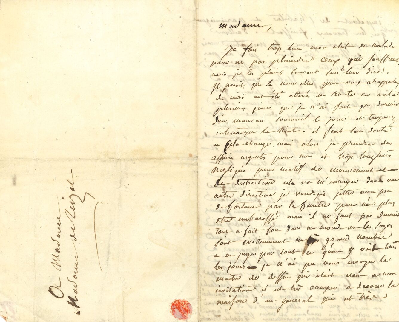 Null 安妮-路易-吉罗德-特里索松。L.A.S., [1819?], 给Madame de REISET; 2页
in-8，地址。
他病得很重，几天来只是睡&hellip;