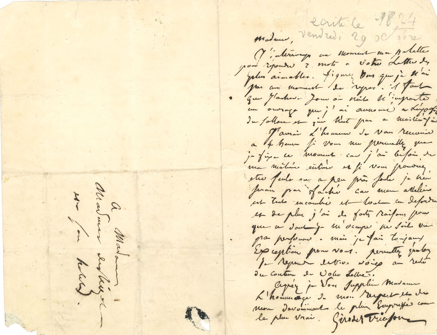 Null 安妮-路易-吉罗德-特里索松。L.A.S.，[1819年9月29日？（Reiset夫人1824年的日期）]，致Reiset夫人；
1页in-8，地址。&hellip;