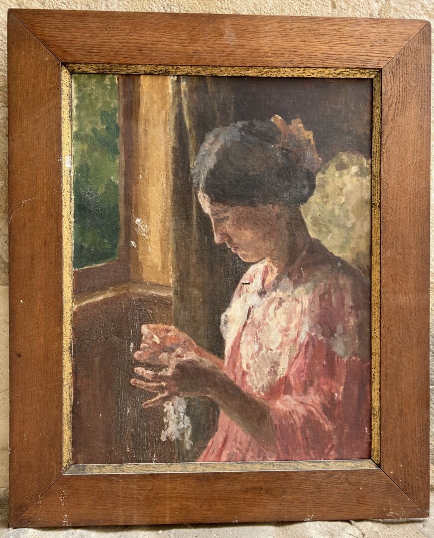 Null 法国学校，19世纪末
工作中的女人
布面油画。
59 x 46厘米

小意外。
