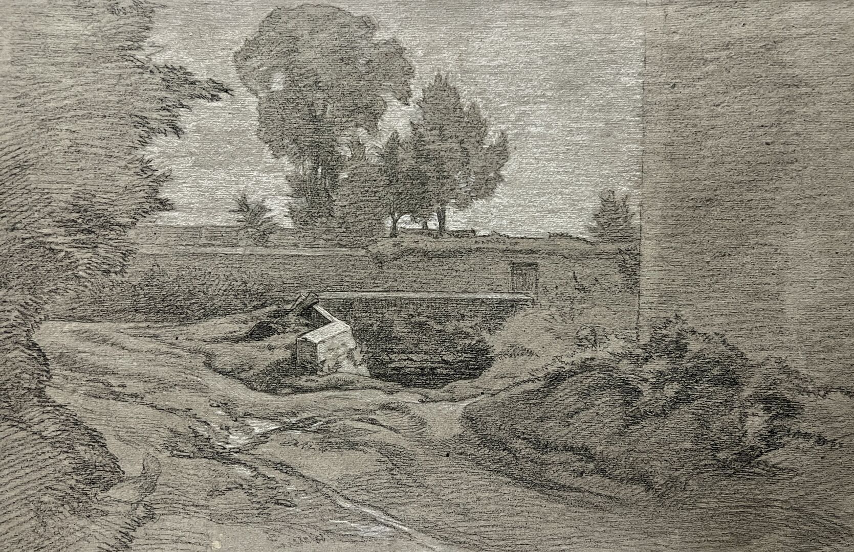Null 两幅黑石和白粉笔画，19世纪 
城堡脚下的护城河和村庄里的特色景观
32 x 48厘米
36 x 42 厘米