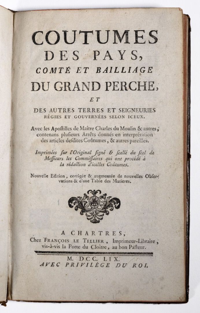 [Coutume. Perche. 1759]. COUTUMES des pays, comté et bailliage du Grand Perche, &hellip;