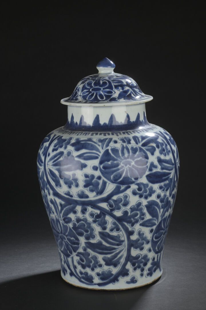 Null 青花瓷盖碗
中国，康熙时期 (1662-1722)
阳台，有莲花和叶子的装饰，底座穿孔和缺失，破裂后修复。
附有一个白蓝色的瓷器柱形花瓶。
H.42厘&hellip;