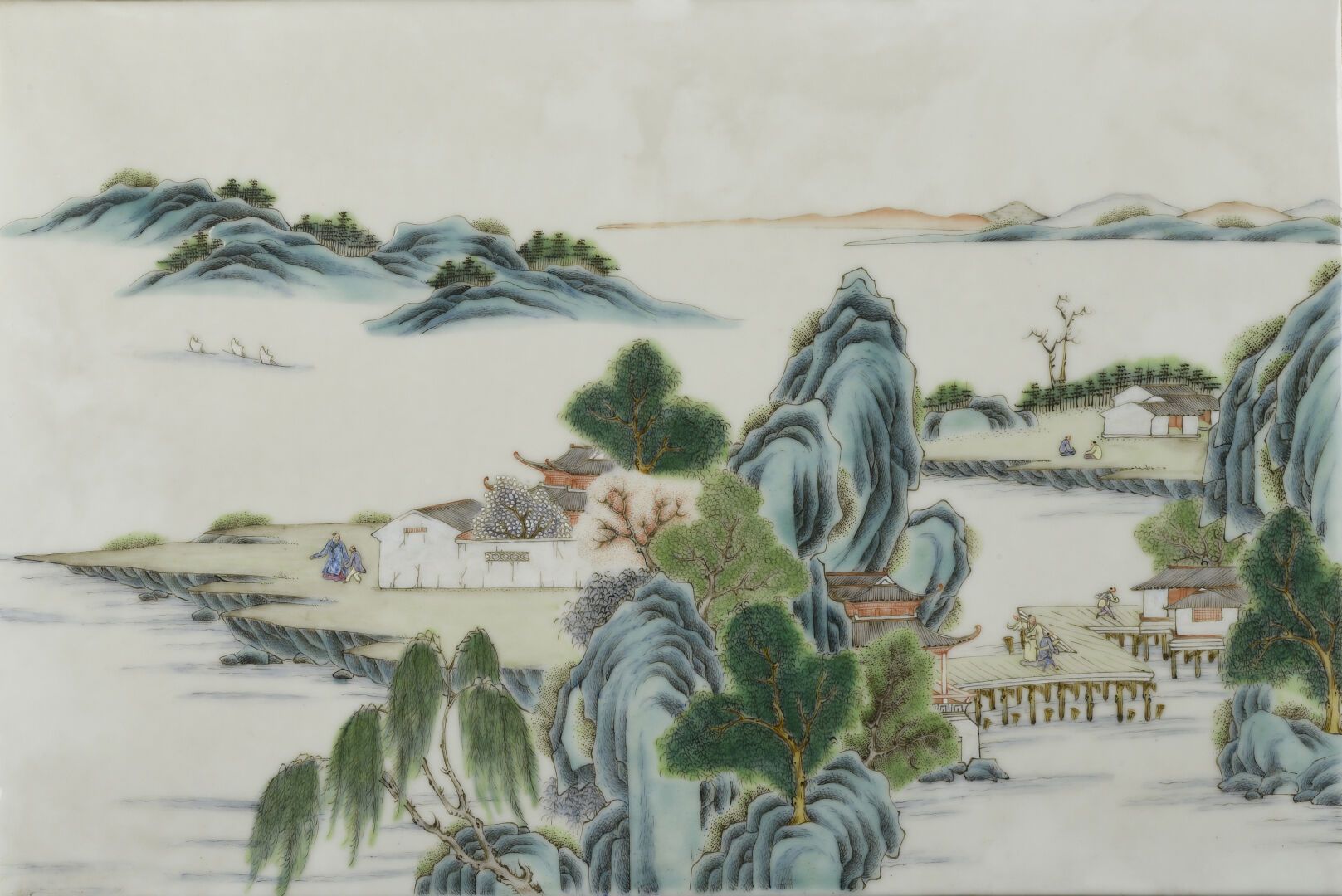 Null 四件法米莱瓷盘
中国，19世纪
长方形，代表四季，装饰有湖泊和山地风景中的人物和房屋。
26 x 39厘米