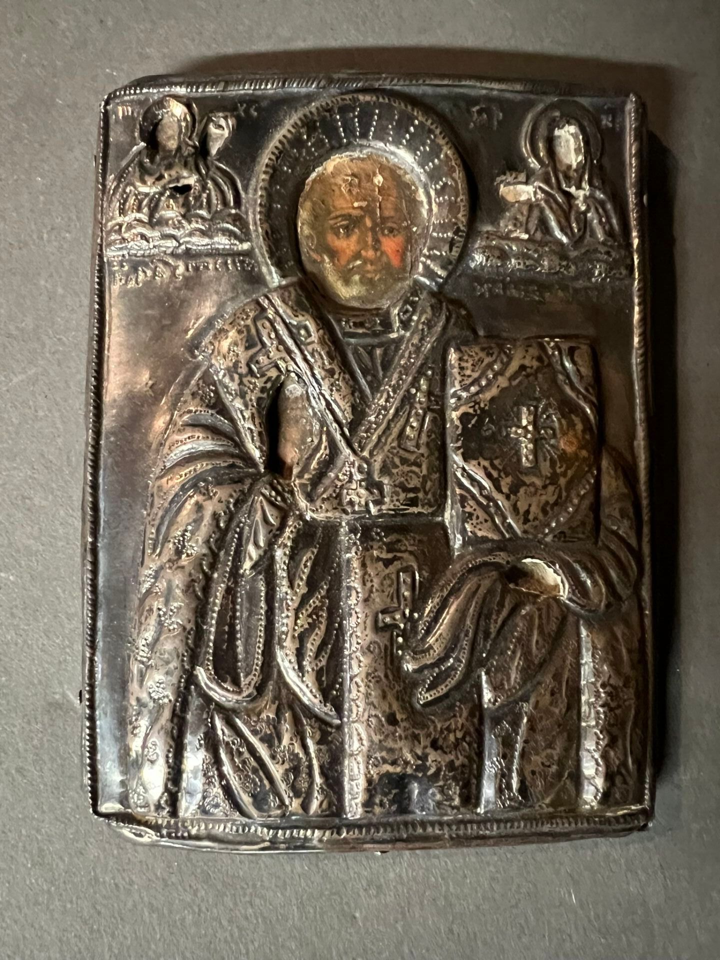 Null Icono en efigie de santo, oklad de plata, alma de madera
11,5 x 8,5 cm