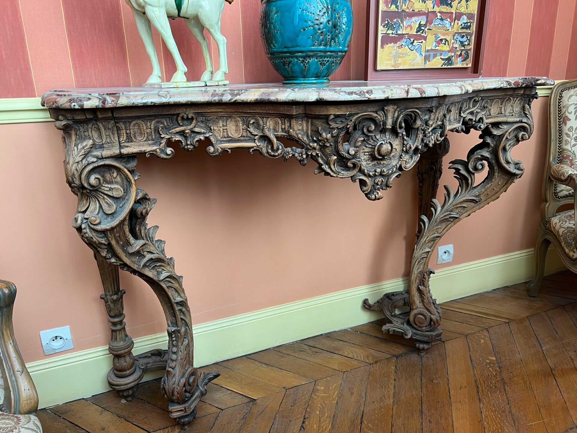 Null Napoleon III period Regency-style console table in carved natural wood with&hellip;