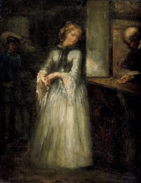 Octave TASSAERT (1800-1874) Jeune femme au guichet Huile sur toile. 32 x 24 cm