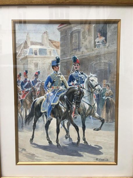 Null Eugène Lelievre, vers 1900
Hussards à cheval entrant en ville
Aquarelle