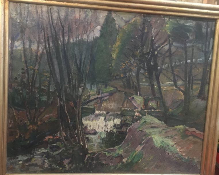 Null HOUPELS Robert (1877-1943) 
Paysage à la rivière 
Huile sur toile. 
73 x 91&hellip;