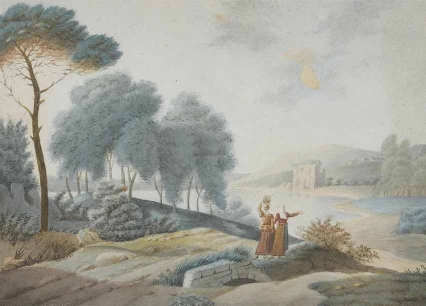 Null Ecole française vers 1830
Personnages au bord d'une rivière 
18 x 23,5 cm