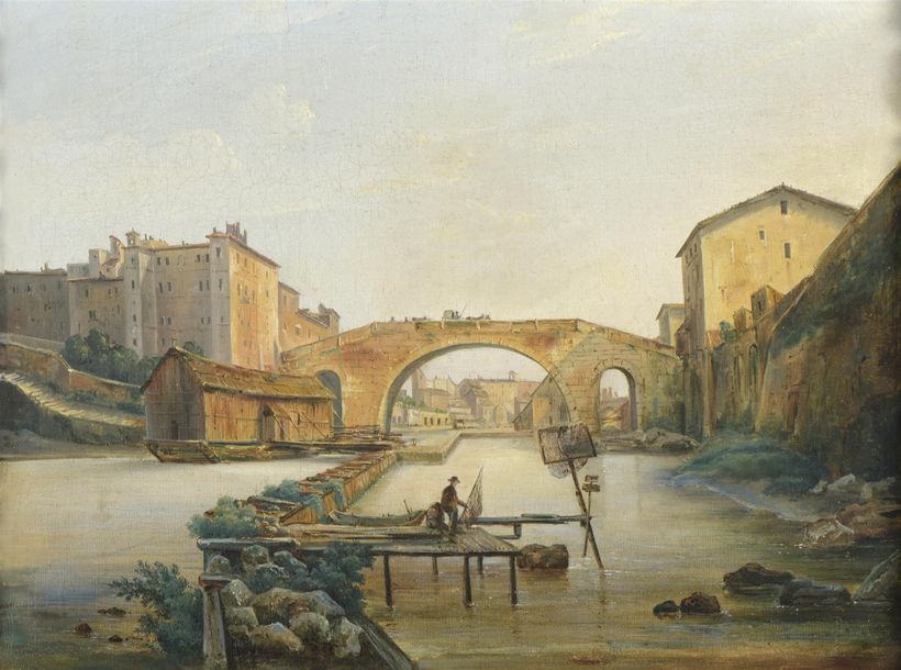 Null Ecole italienne vers 1860
Rivière au milieu d'une ville 
40 x 54 cm