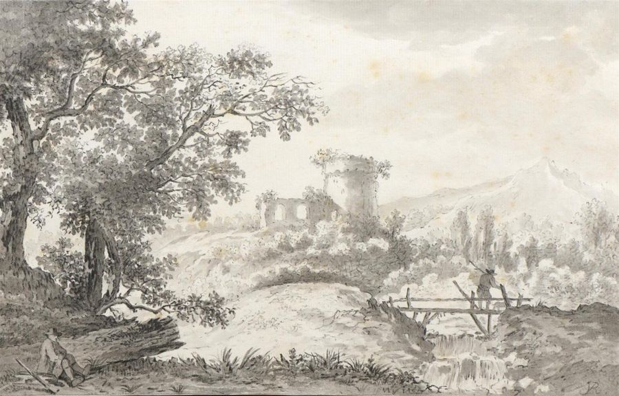 Null École flamande du XVIIe siècle
Paysage animé aux chasseurs
Lavis gris sur e&hellip;