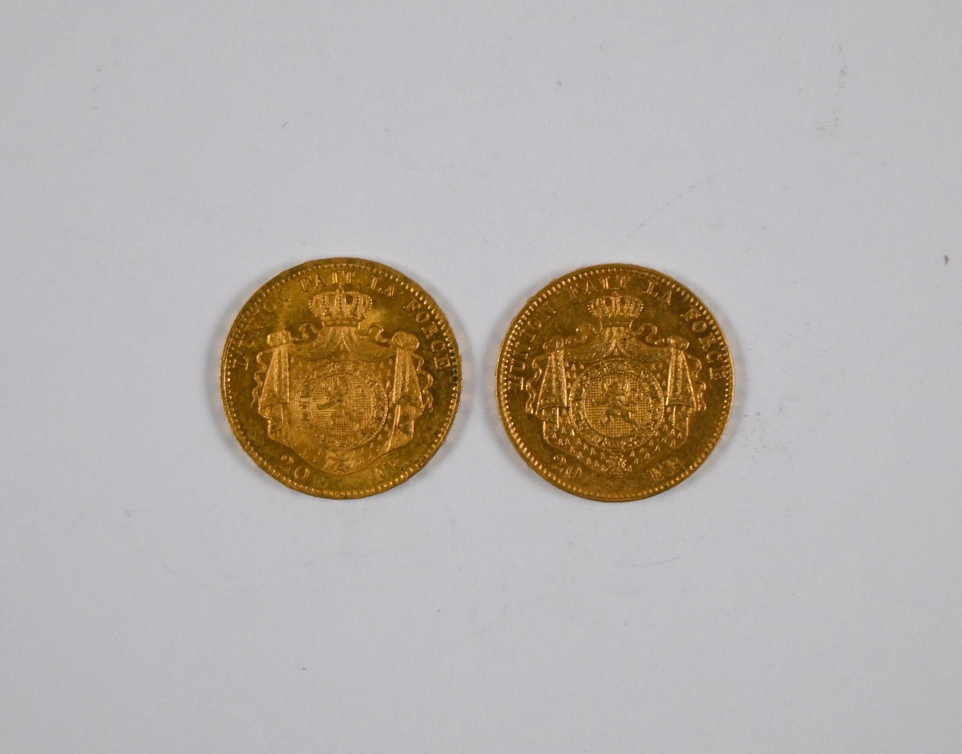 Null Lot de (x2) pièces de 20F Belges or, au profil du roi Léopold II, 1867 et 1&hellip;