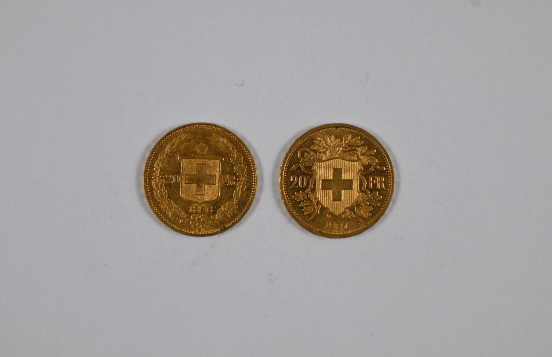 Null Lote de (x2) monedas de oro suizas de 20F, 1896 y 1897 - CARGOS REDUCIDOS A&hellip;