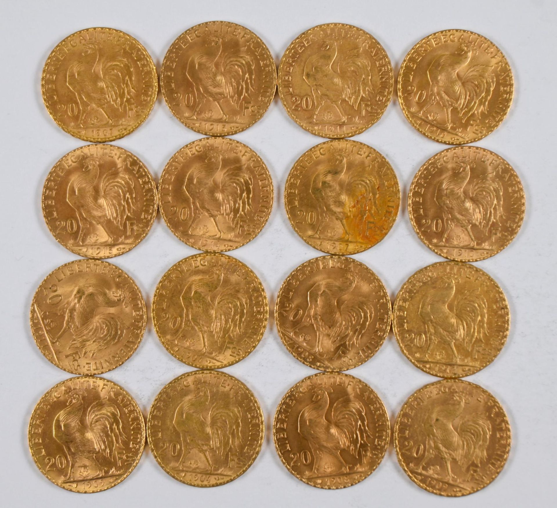 Null Lot de (x16) pièces de 20FF or au coq, 1910, 1907, 1911, 1914, 1913, 1912, &hellip;