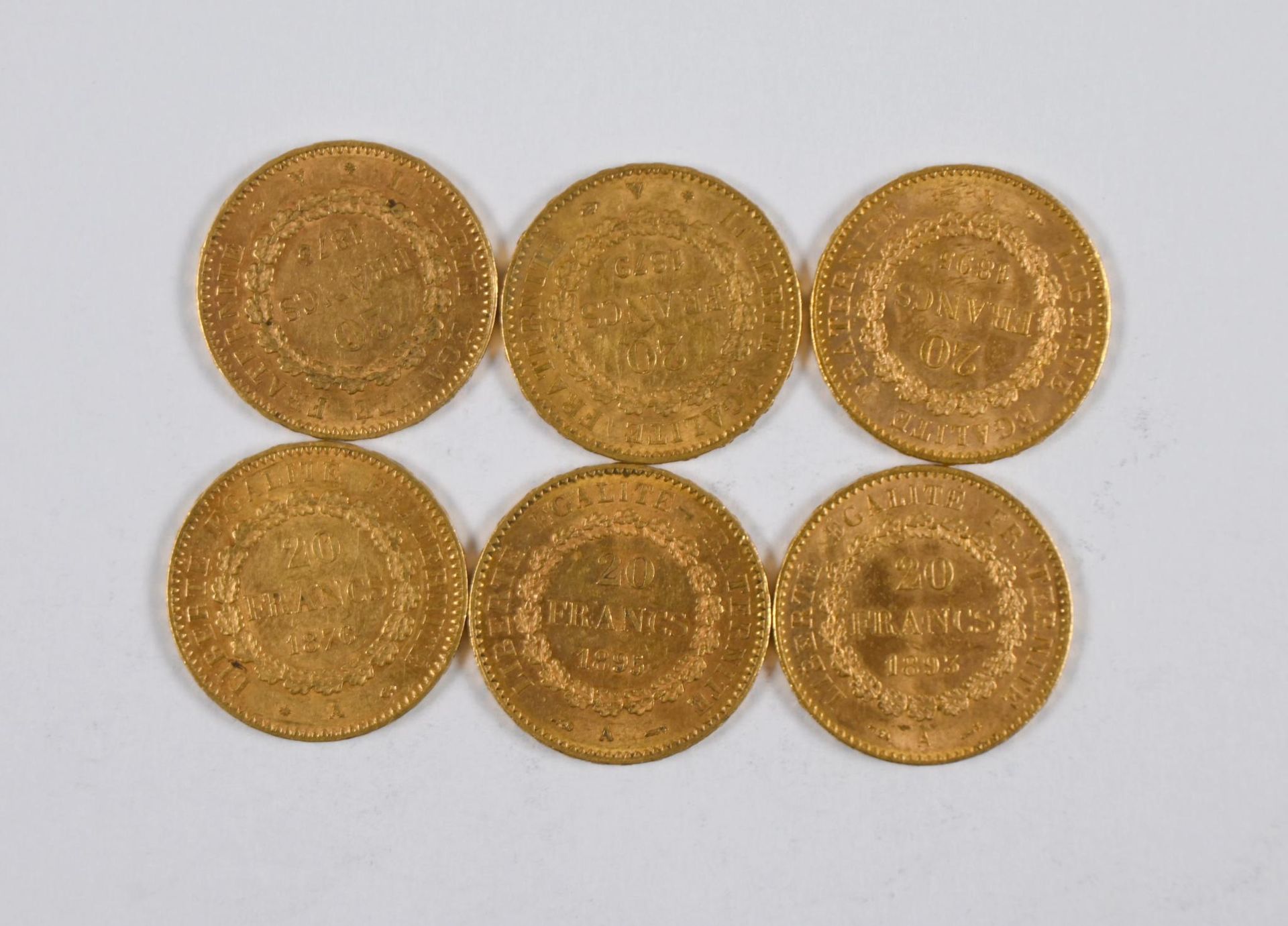 Null Lote de (x6) monedas de oro de 20FF con las tablas de la ley, 1893, 1875, 1&hellip;