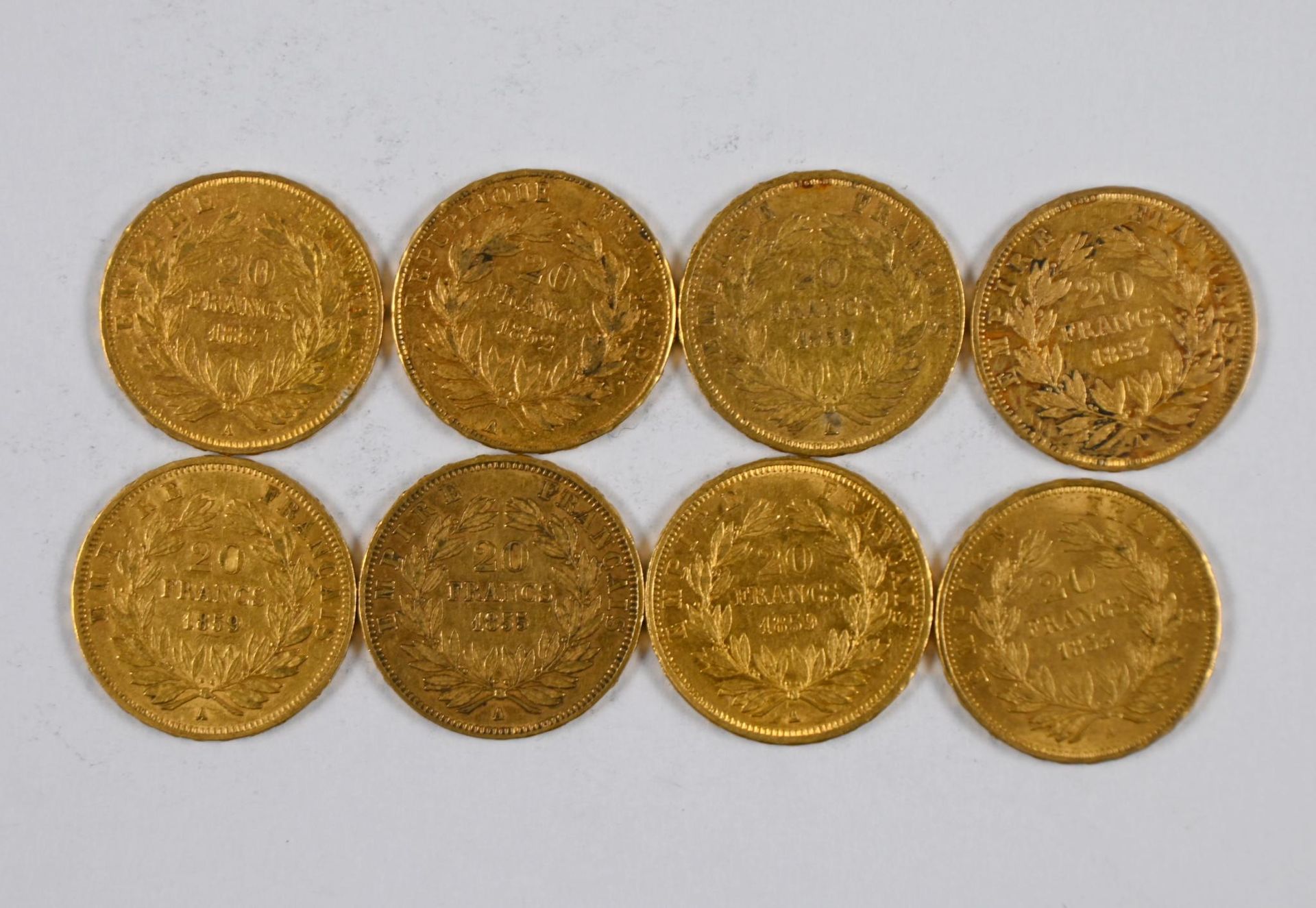 Null 一批（x8）20 FF金币，带有拿破仑三世的侧面，光头，1855年，1853年，1852年，1857年和1859年 - 税率降至13.5%（不含增值税&hellip;