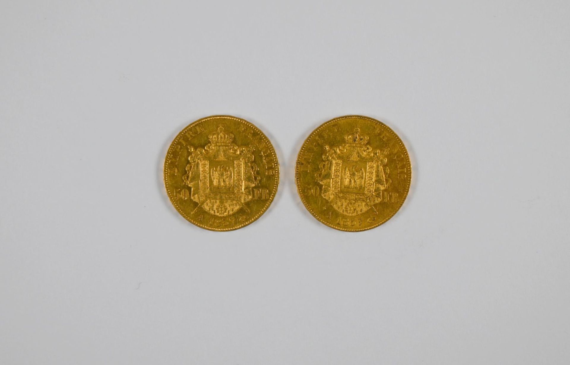 Null Lote de (x2) monedas de oro de 50FF Napoleón III, cabeza descubierta, 1857 &hellip;