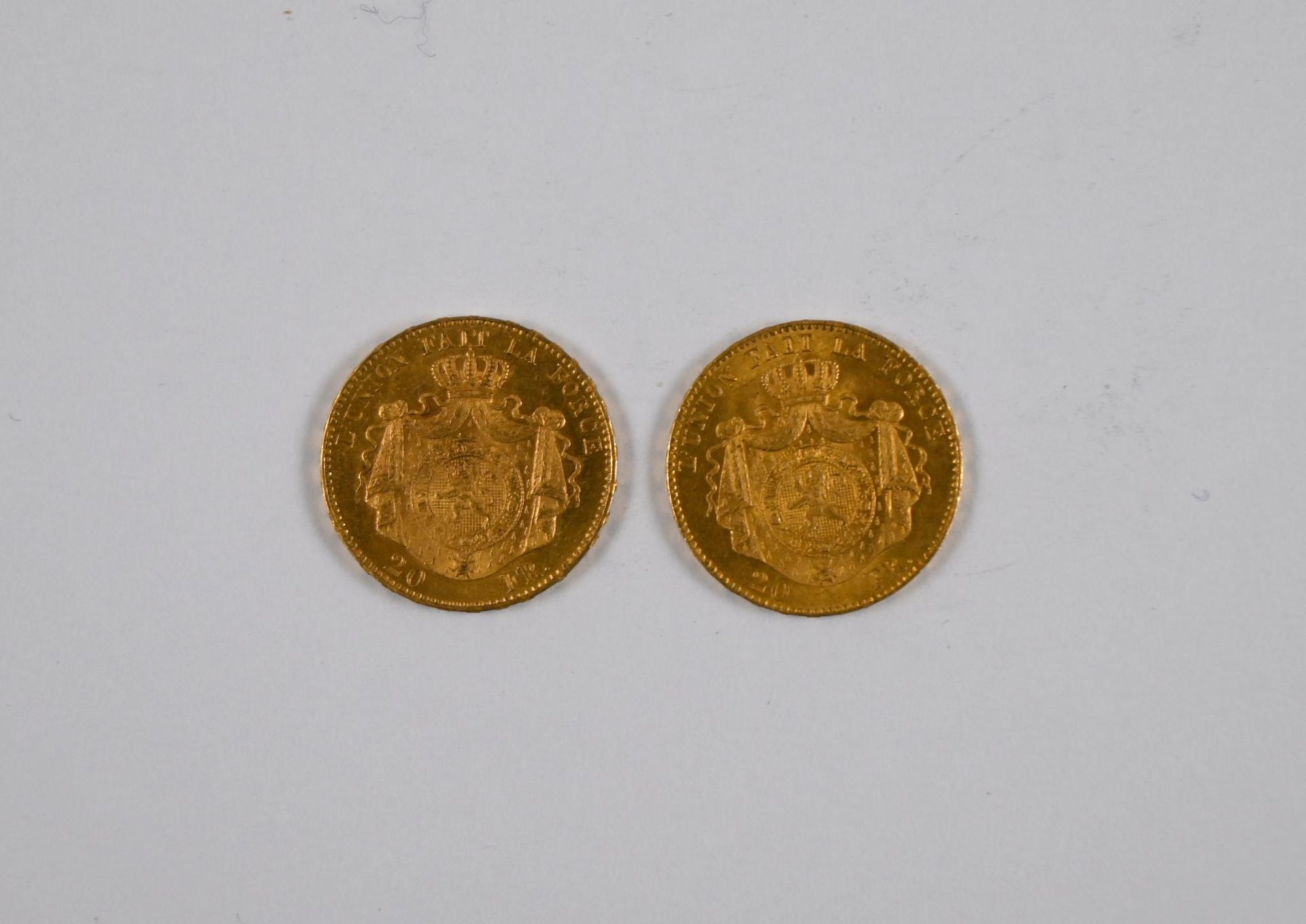 Null Lot de (x2) pièces de 20F Belges or, au profil du roi Léopold II, 1868 - FR&hellip;