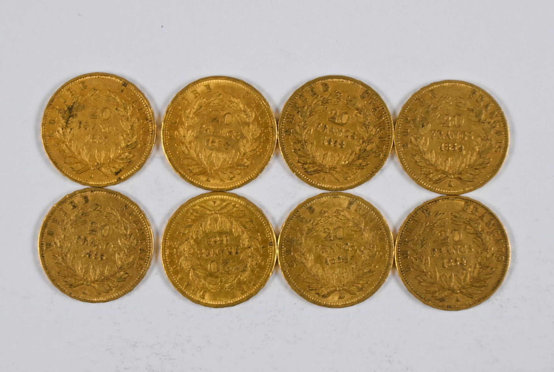 Null Lot of (x8) 20 FF gold coins with a profile of Napoleon III, bare head, 185&hellip;