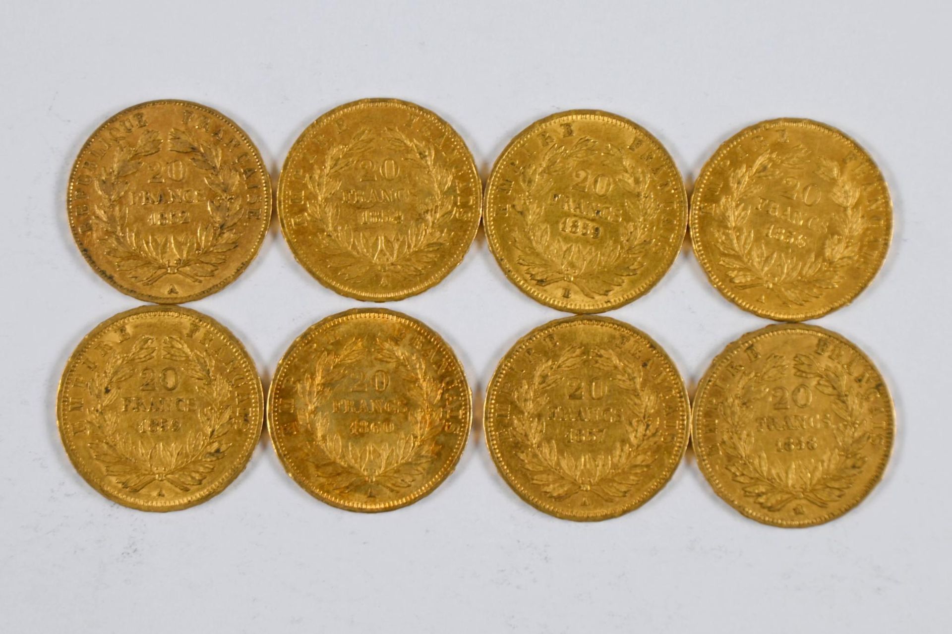 Null 一批（x8）20 FF金币，金币上有拿破仑三世的侧面，光头，1852, 1859, 1860, 1857, 1858, 1856 和 1854 - 除&hellip;
