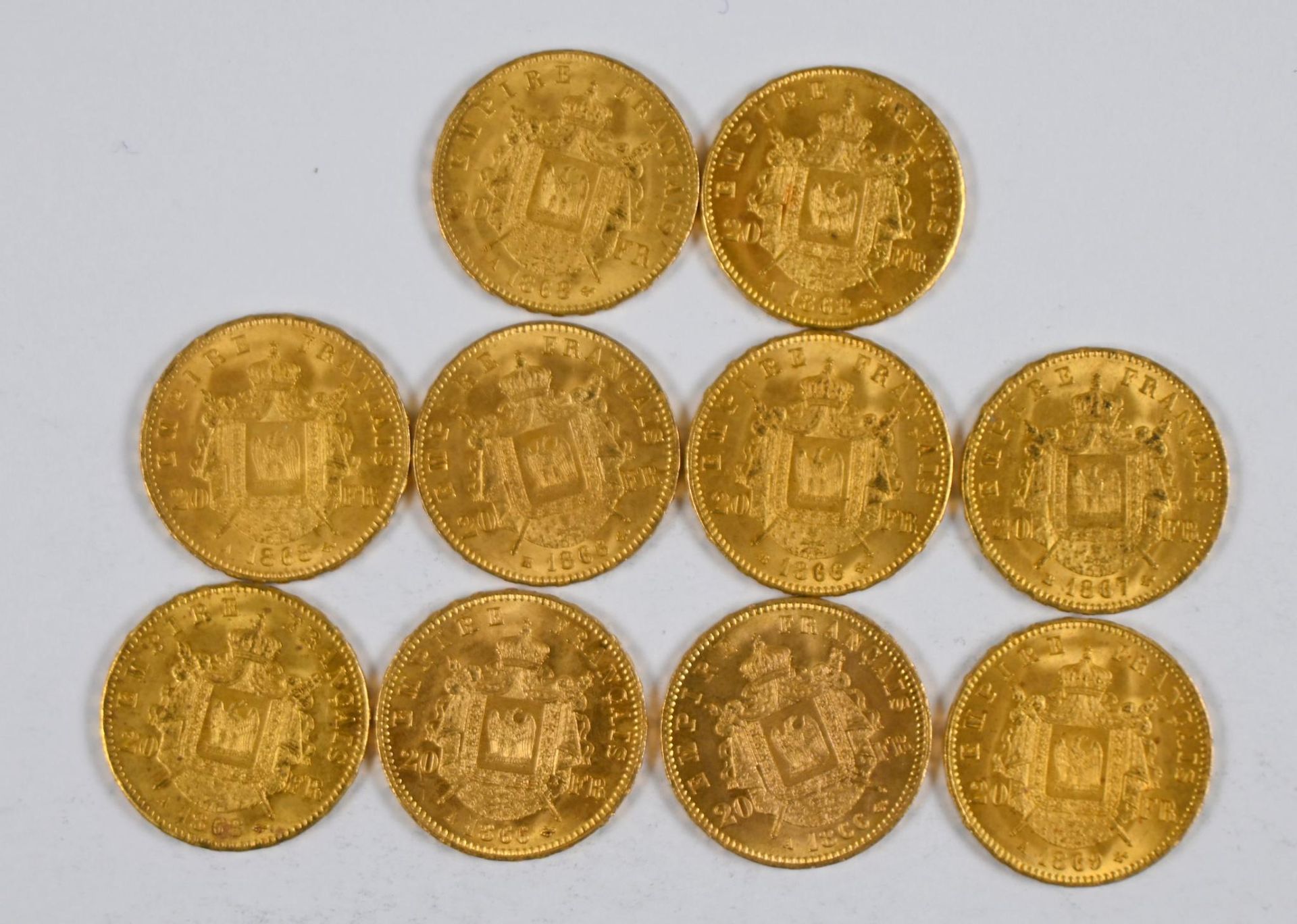 Null 一批（x10）20 FF金币，带有拿破仑三世头像，头戴桂冠，1868年，1866年，1869年，1867年 - 除增值税外，关税降至13.5
