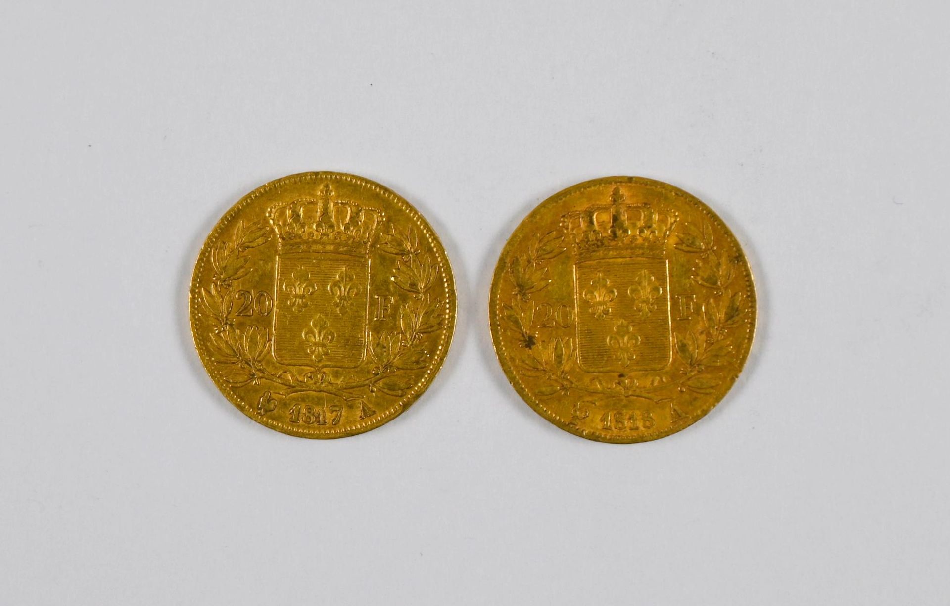 Null Lote de (x2) monedas de oro de 20FF con el perfil del rey Luis XVIII, 1818 &hellip;