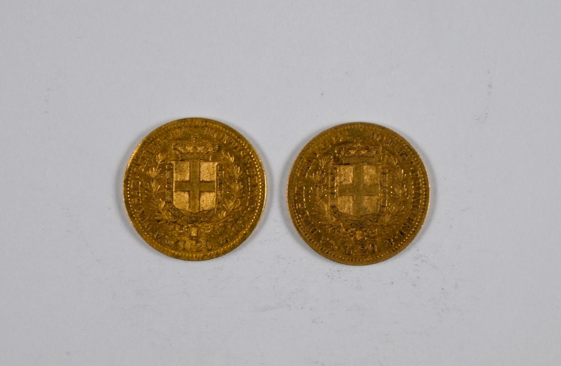 Null 一批（x2）20意大利里拉金币，印有撒丁岛国王维克多-伊曼纽尔二世（Victor Emmanuel II）的头像，1852年和1856年 - 13.5&hellip;